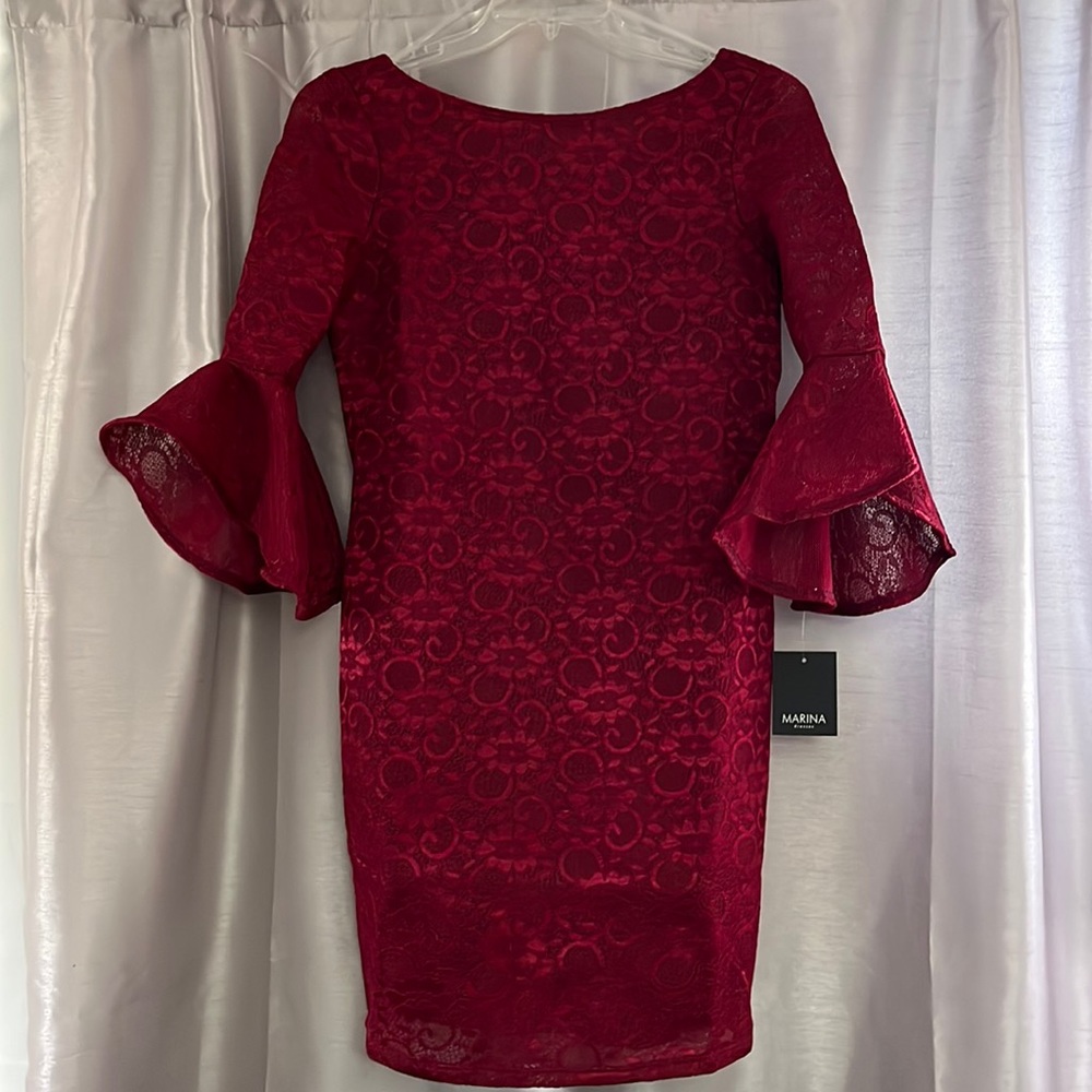 Marina dresses maroon or winelace and slip v neck in theback ruffles sleeve NWT